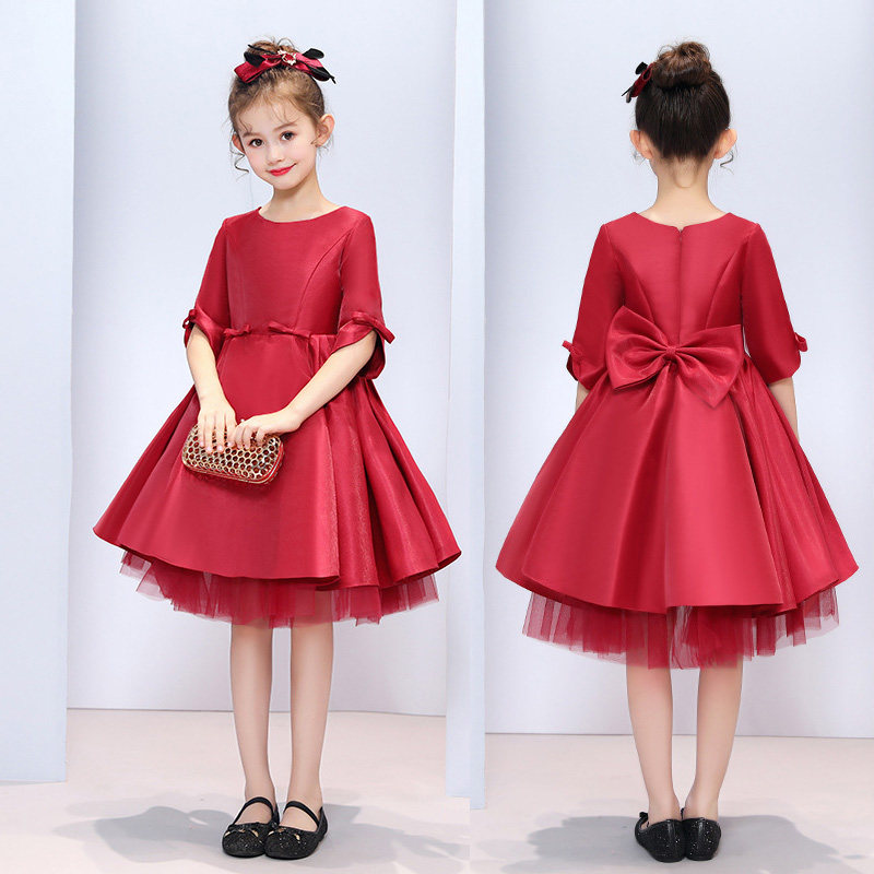 儿童主持人钢琴表演出晚礼服女童高端红色锻面长袖伴娘婚纱公主裙