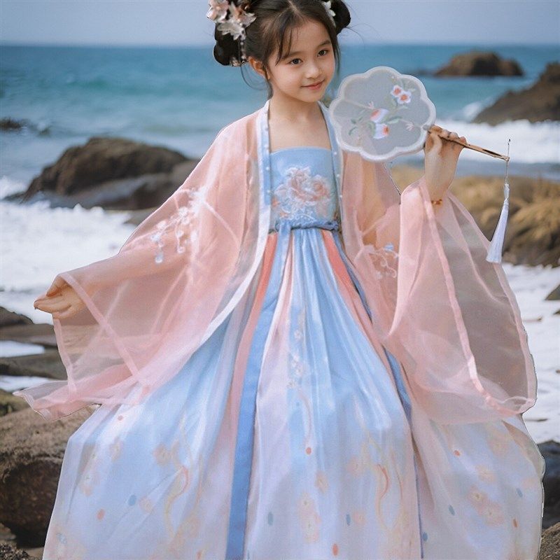 山海蓝女童汉服吊带两件套大袖衫中国风齐胸公主裙子飘逸古风唐制,童装/婴儿装/亲子装,汉服,淘宝优惠券,粉丝福利购,淘宝优惠卷