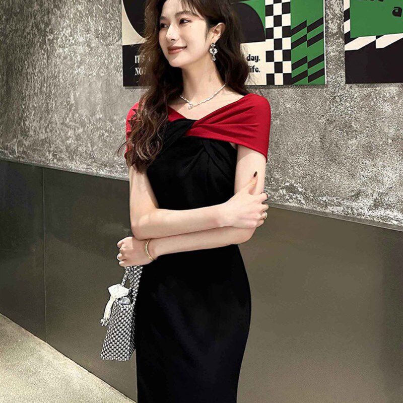 一字肩晚礼服女高级感轻奢小众高端主持人宴会连衣裙拼色鱼尾长裙