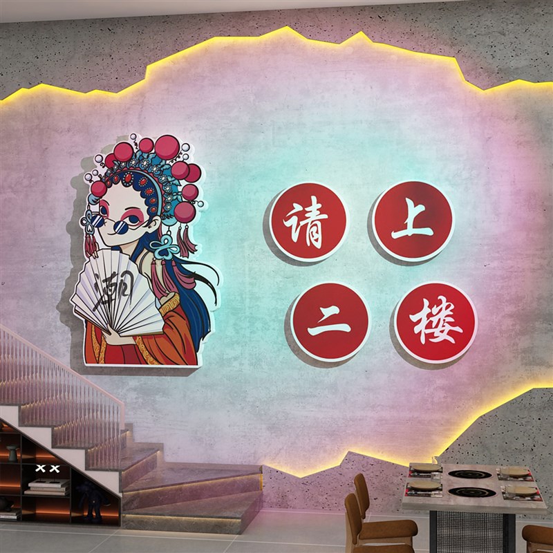 网红国潮风火锅店墙面装饰画市井餐饮饭店请上二楼指示牌楼梯贴纸