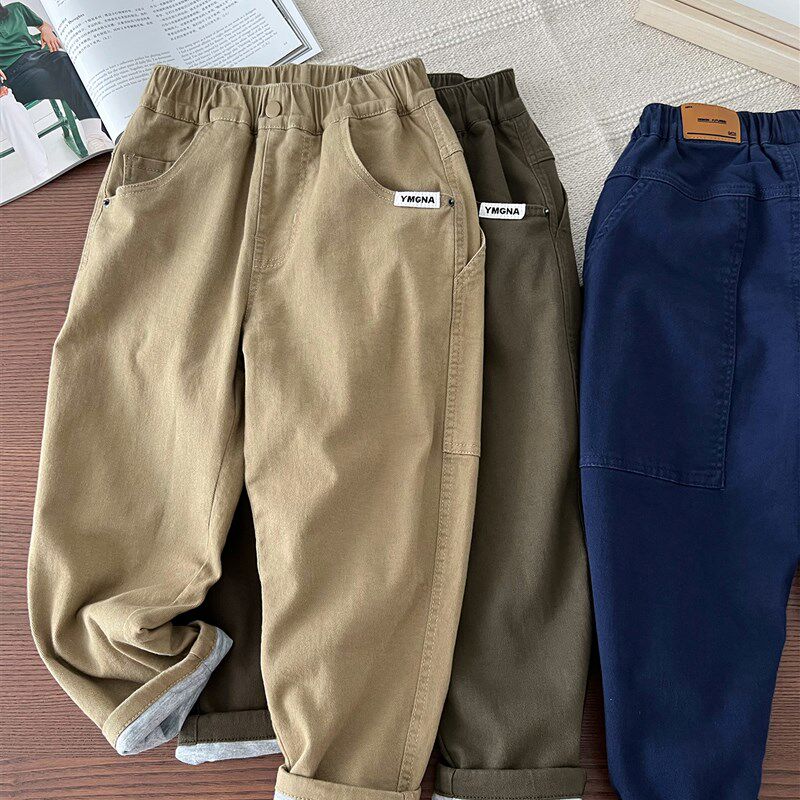 面料厚实保暖 带弹力~秋冬季男童双层休闲夹裤中大童直筒长裤子