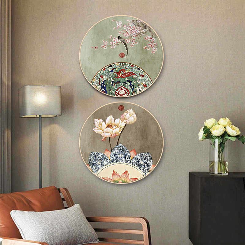新中式客厅装饰画玄关挂画荷花莲花沙发背景墙餐厅圆形禅意中国风