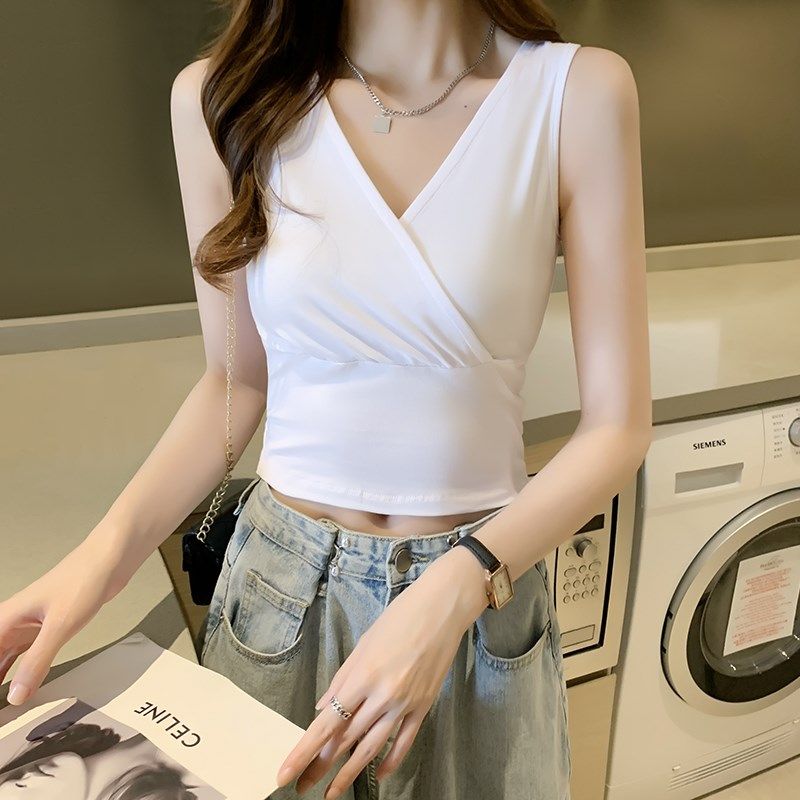 黑色v领吊带背心女内搭短款2024夏季新款无袖打底露脐外穿上衣潮