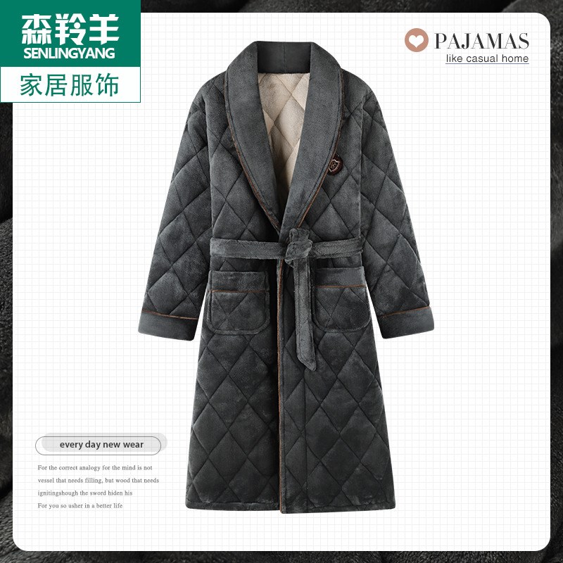 睡袍男士冬季加厚三层夹棉袄珊瑚绒睡衣长款冬天法兰绒家居服浴袍