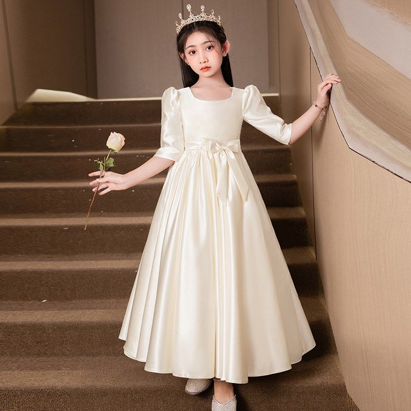 儿童礼服缎面生日小女孩花童婚礼公主裙女童主持人高端钢琴演出服