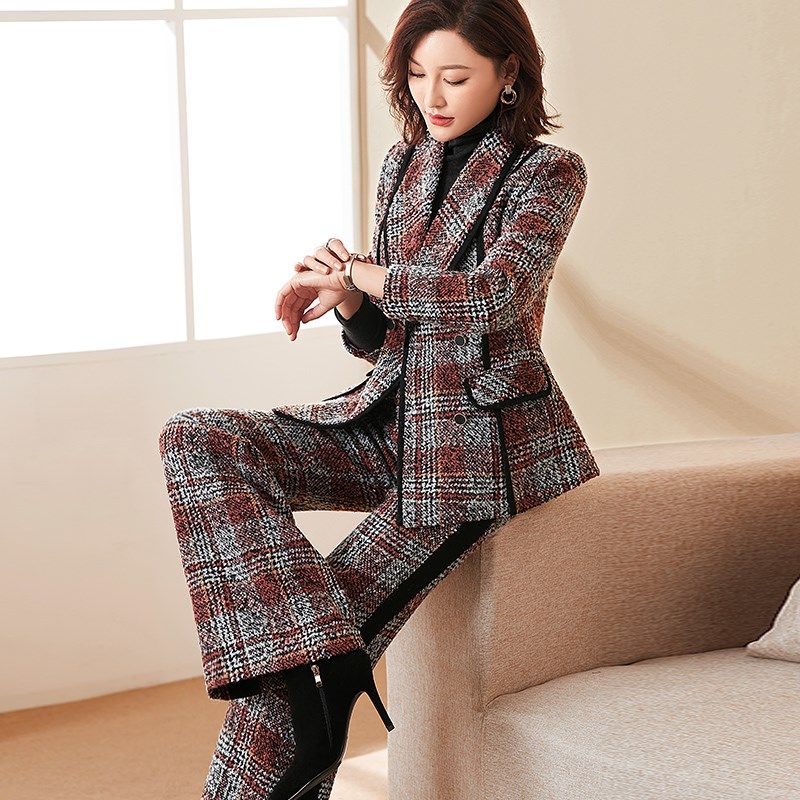 格子毛呢套装女秋冬2024年新款洋气时尚气质OL西装阔腿裤两件套冬,女装/女士精品,时尚套装,淘宝优惠券,粉丝福利购,淘宝优惠卷