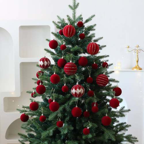 圣远新款天鹅绒圣诞球套装圣诞树植绒彩绘圣诞球装饰品橱窗挂件