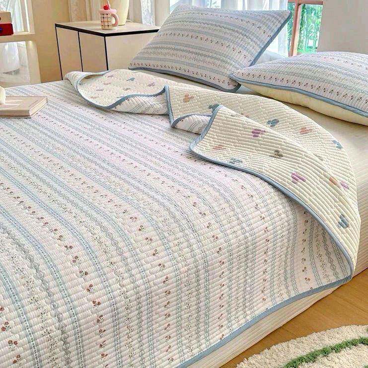 ins双层纱水洗棉床盖三件套双面可用榻榻米床垫夹棉床单单件床褥