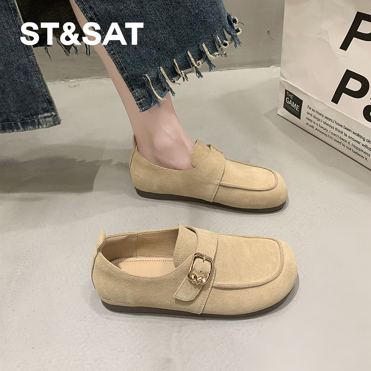 星期六官方正品浅口单鞋真皮包跟