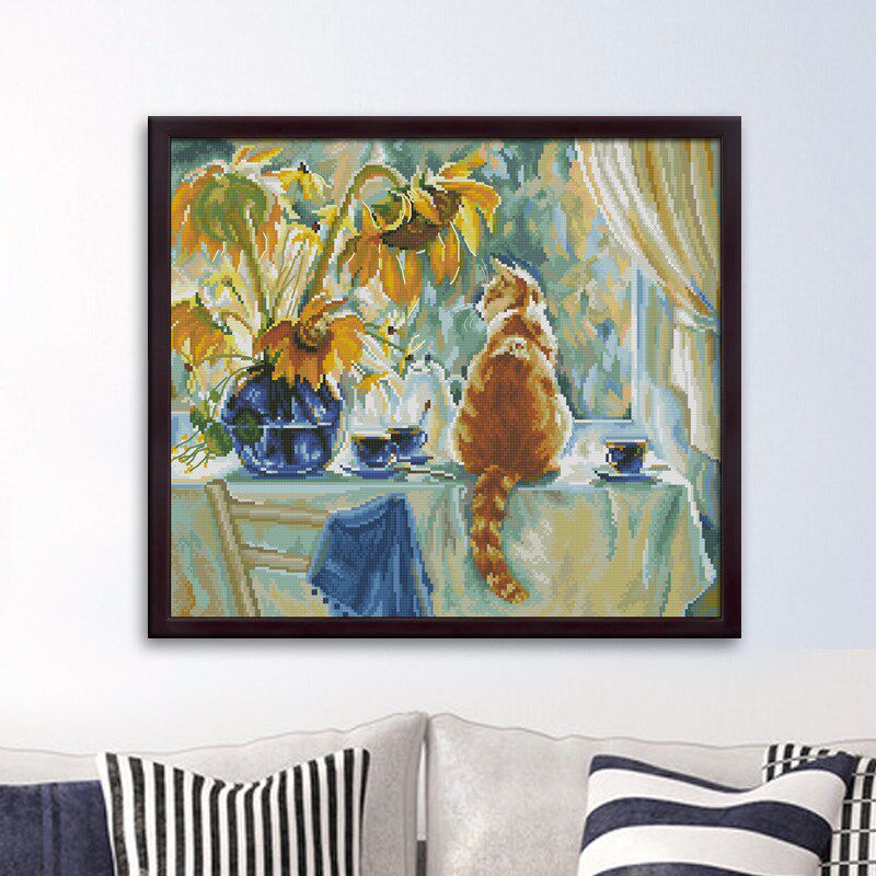 油画猫与向日葵 新款十字绣套件 客厅卧室 精准印花