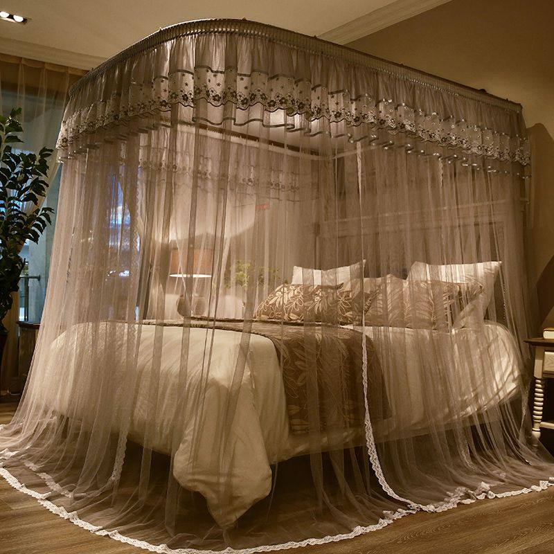 导轨式蚊帐灰色公主风落地U型轨道式加厚加密不锈钢1.8三开门蚊帐