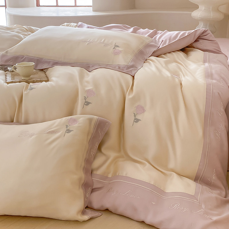 少女心夏季60支双面兰精天丝四件套浪漫玫瑰刺绣凉感丝滑床上用品