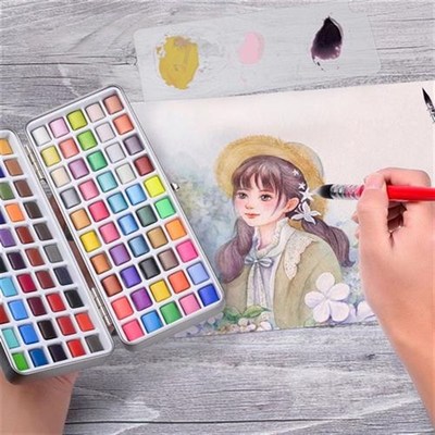 90色100色固体水彩颜料便捷铁盒装 初学者绘画者珠光水彩套装