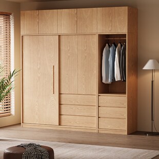 优选全实木衣柜推拉门家用卧室2024新款小户型橡木原木风儿童定制