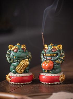 优选新中式好柿发生小狮子一对彩金可爱摆件创意线香插香托香器装