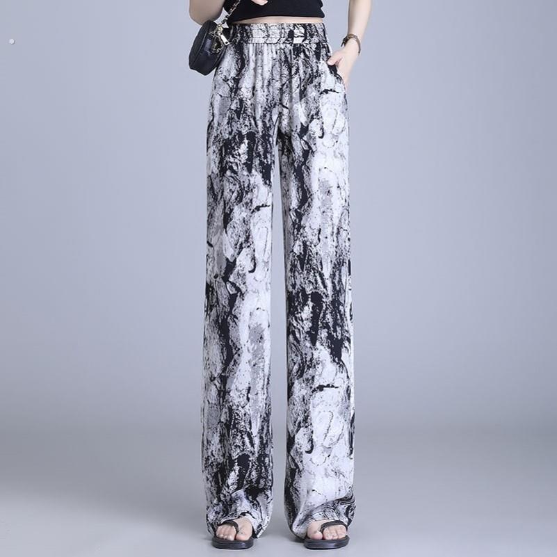 高个子冰丝阔腿裤女2023夏薄水墨画扎染高腰垂感雪纺休闲直筒长裤