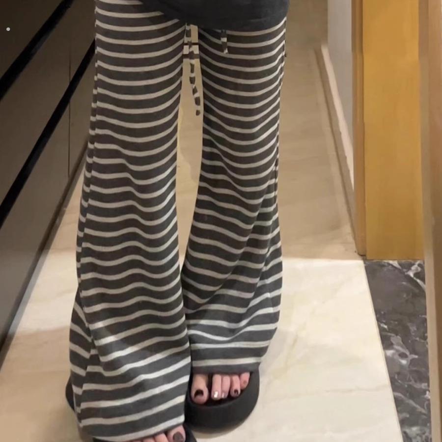 条纹遛弯裤微喇裤女夏薄款休闲裤高腰垂感百搭显瘦慵懒风黑色裤子