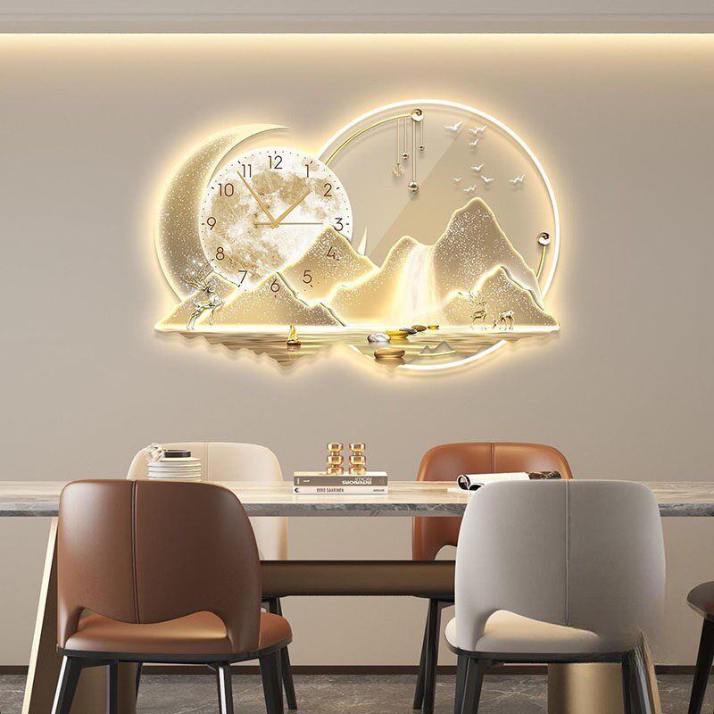 轻奢led带灯餐厅装饰画饭厅背景墙挂画壁画简约现代高级感带钟表