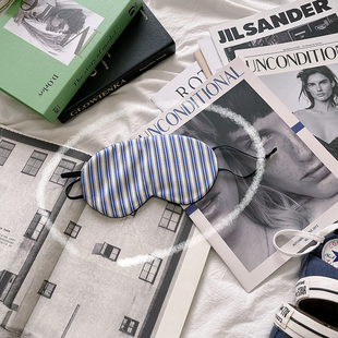 精选shamelessbaby 蓝白条纹真丝眼罩 真丝斜纹睡眠眼罩遮光透气