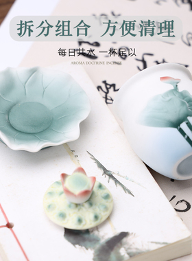 精选荷韵彩绘陶瓷供水杯浮雕莲花供杯佛杯圣水杯佛前大悲水摆件家