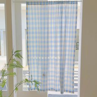 ins奶蓝格门帘简约半帘韩式免打孔穿杆厨房隔断窗窗帘挂钩款定制