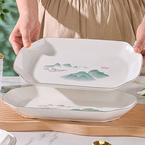 陶瓷盘子新款菜盘家用健康釉下彩陶瓷餐盘描金轻奢汤盘饭盘碗盘组
