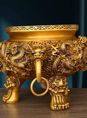 纯黄铜九龙香炉摆件供奉铜香炉鼎炉双龙戏珠香薰炉家用檀香三足