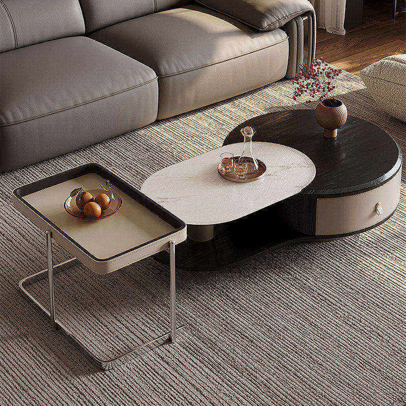 现代简约椭圆形茶几大理石纹带抽屉客厅家具金属框架储物茶桌