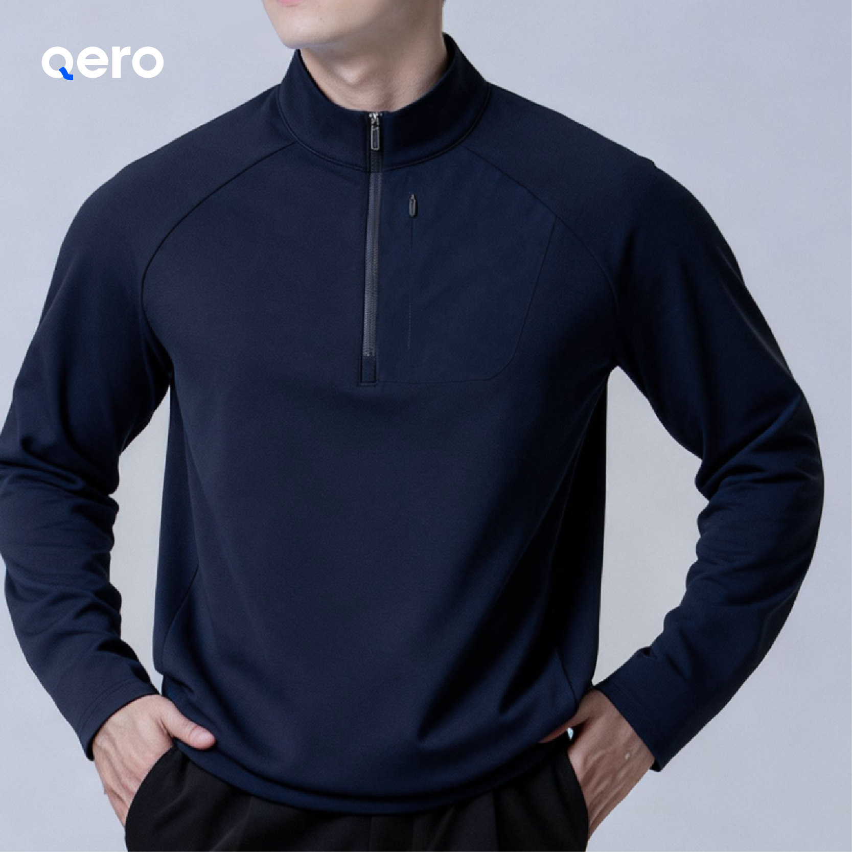 QERO-秋冬季半拉链立领长袖上衣男士休闲纯色户外运动T恤