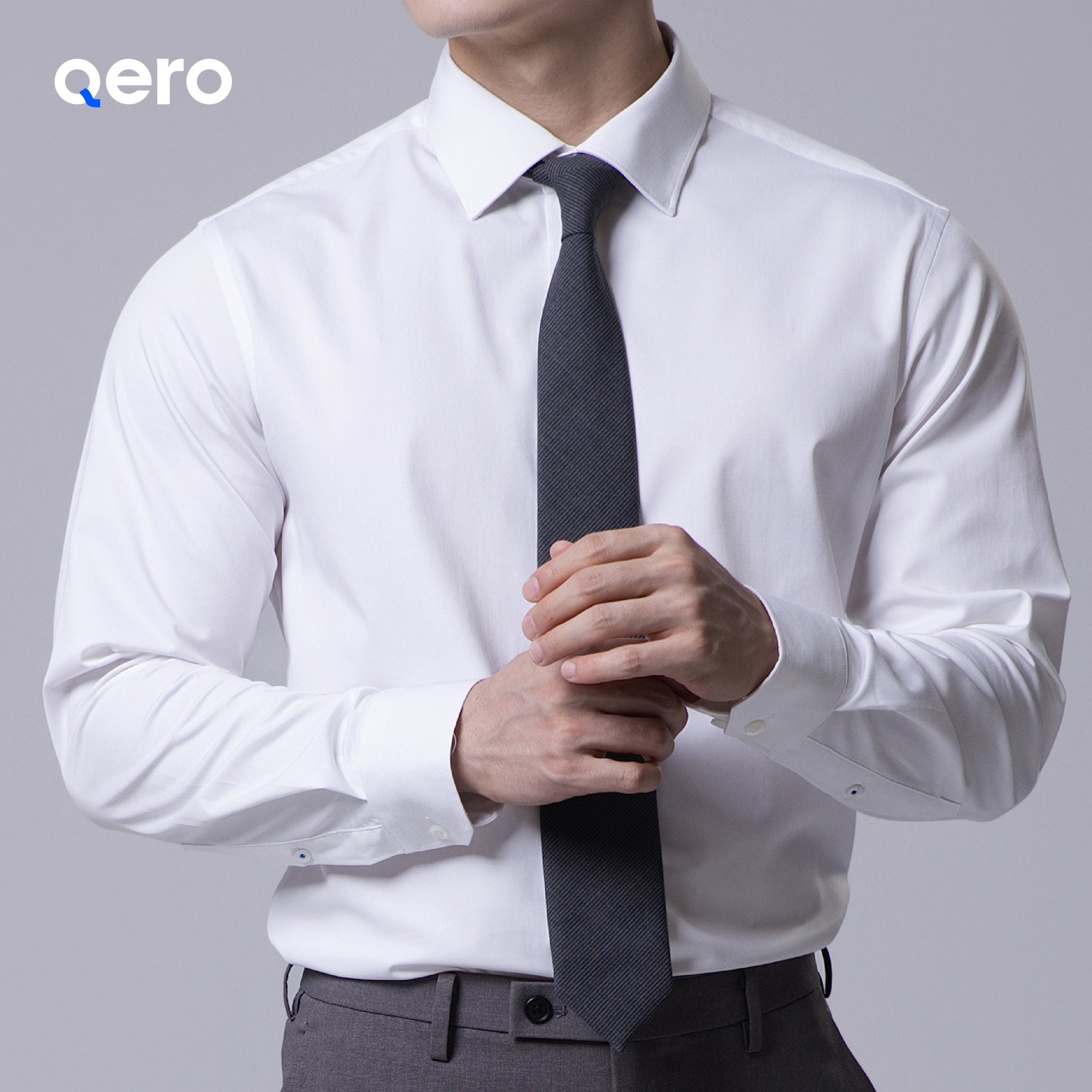 QERO-四季白上衣免烫休闲正装男士职业纯色商务透气弹力长袖衬衫