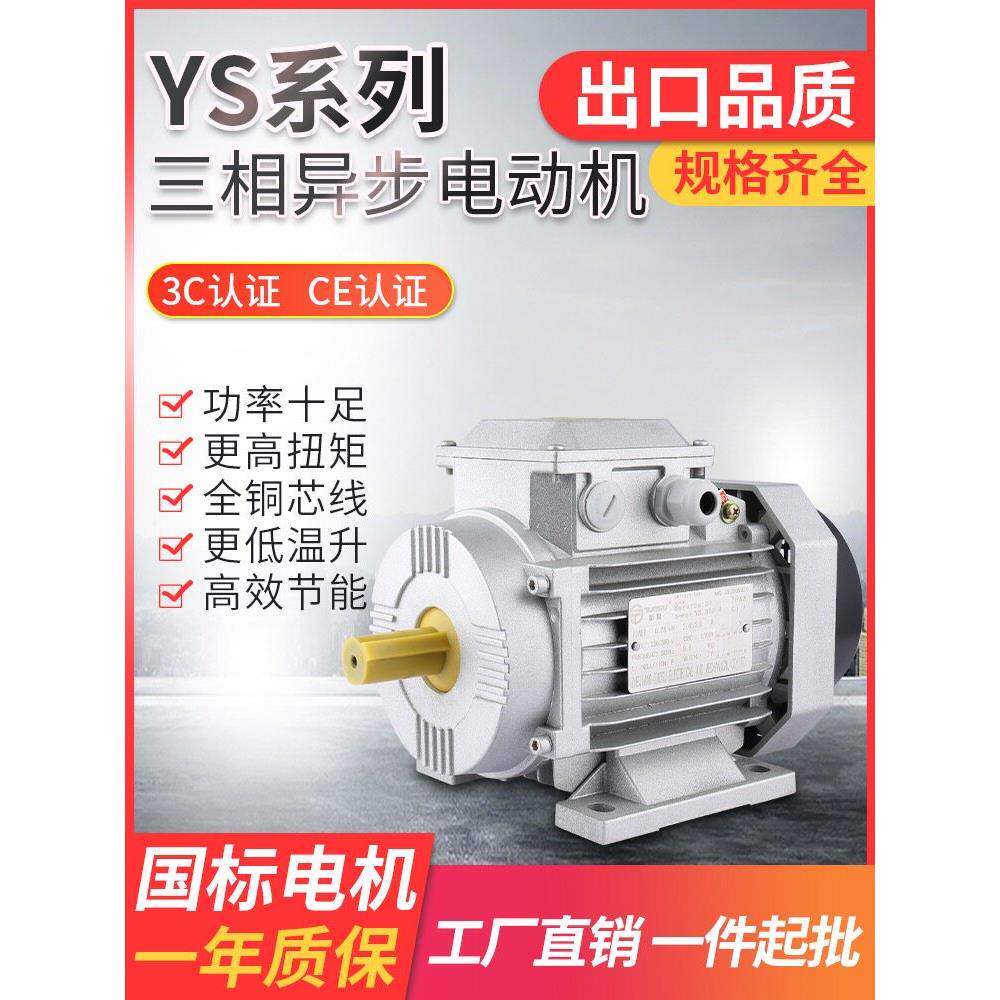 YS铝壳2/4级三相异步电机0.37/0.55/0.75/1.1/1.5/2.2KW国标全铜