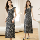新款 连衣裙子女夏季 海边度假气质长裙 黑色碎花吊带小飞袖 法式