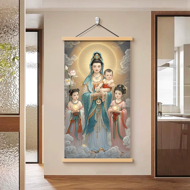 送子观音挂画像卷轴求子送子娃娃五子观音图中式结缘装饰画壁画