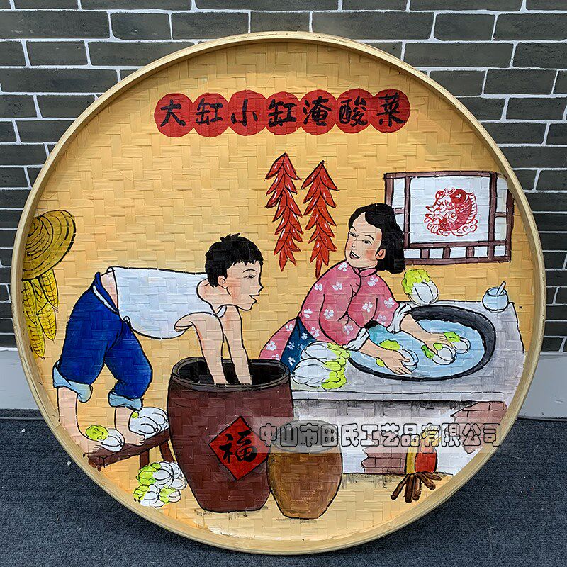 手绘竹编簸箕画东北八大怪装饰画铁锅炖饭店农庄墙壁挂饰墙面挂件