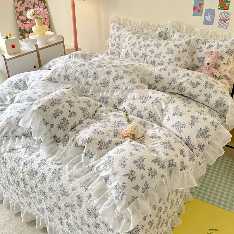 韩版小清新亲肤棉四件套花卉床盖款雪纺花边夏天田园风1.5m床品