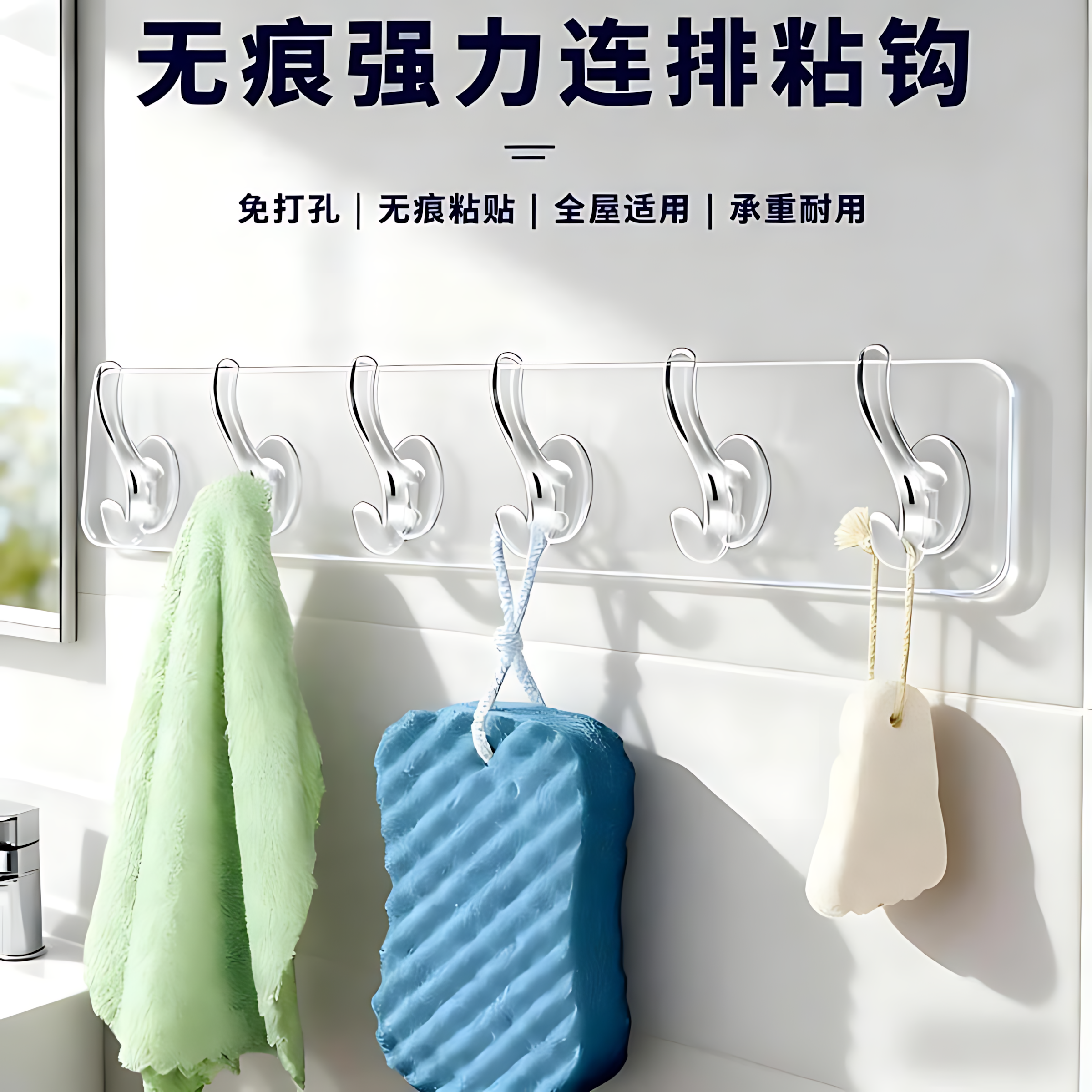 透明连排挂钩六连挂钩强力粘胶不掉落收纳壁挂无痕免打孔门后挂钩