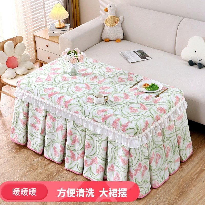 高端加厚加绒长方形烤火罩茶几电炉罩电暖桌取暖奶油风烤火被冬季