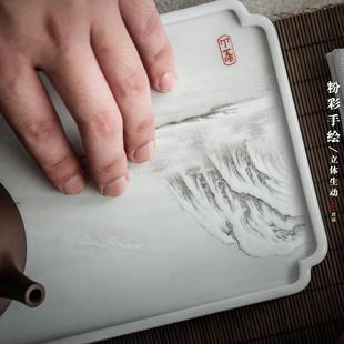 手繪粉彩陶瓷茶盤托盤手工干泡臺功夫茶具茶臺茶海雪景茶托盤