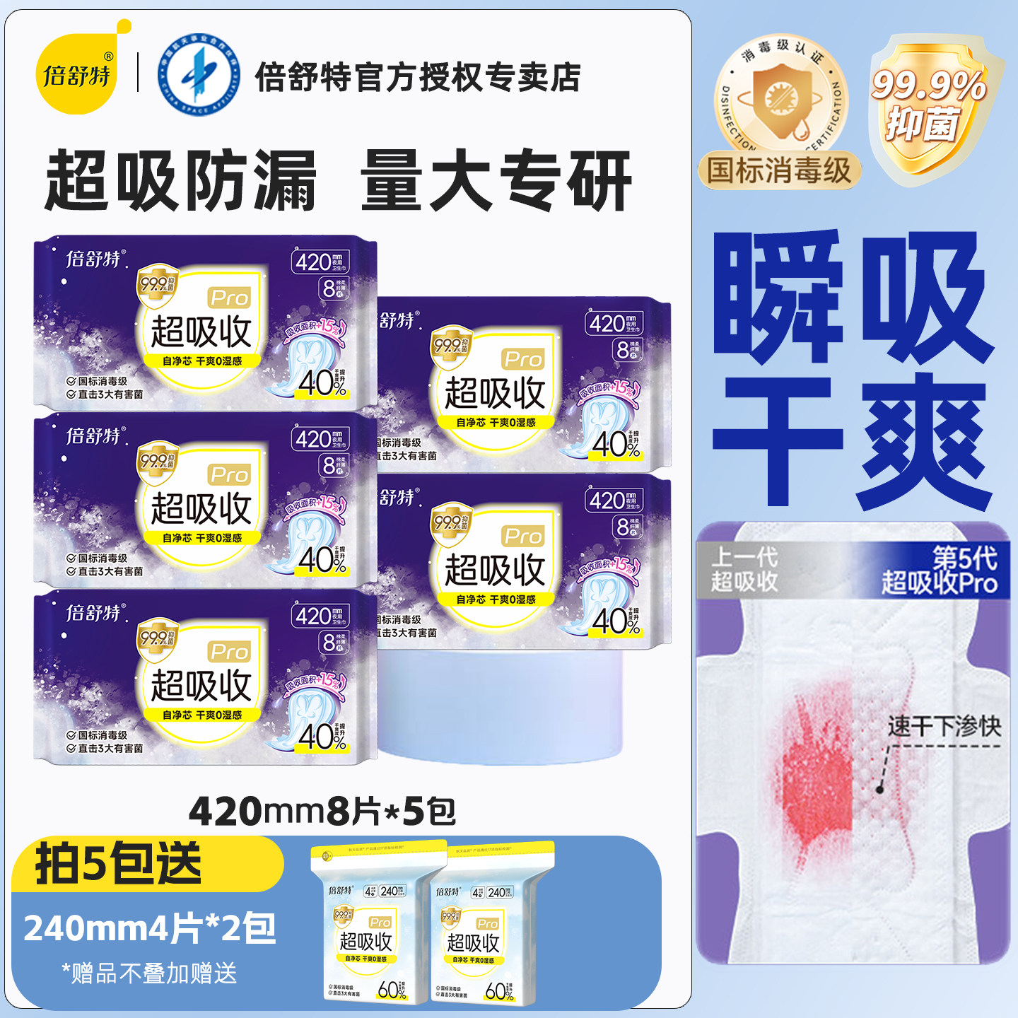 倍舒特消毒级卫生巾夜用420mm360mm超长防漏抑菌正品姨妈巾整箱囤