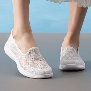 斯凯奇浅口单鞋女鞋冬季新款一脚穿蕾丝网面透气妈妈鞋休闲健步鞋