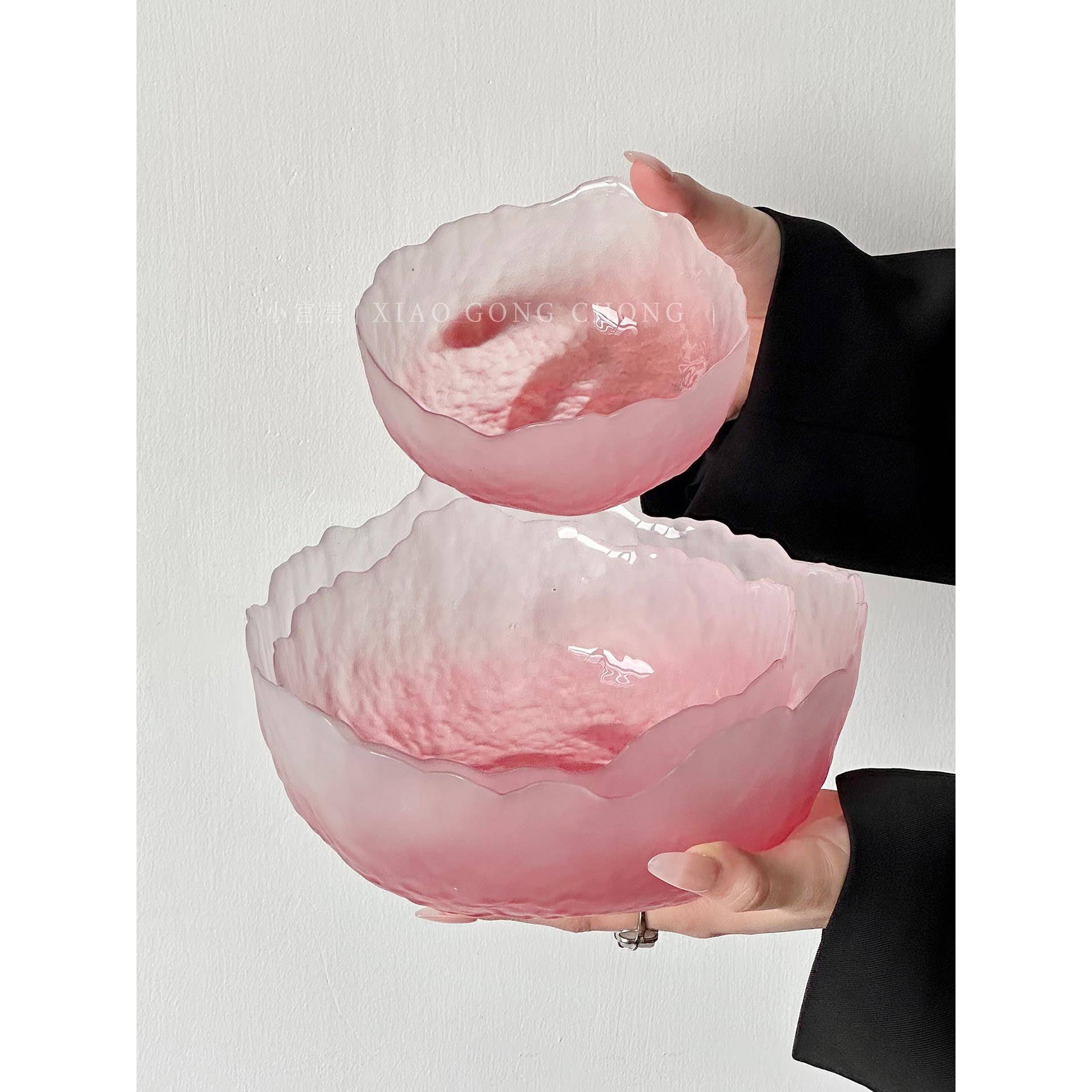 高颜值磨砂粉水果沙拉碗家用创意冰川玻璃碗套装零食干果盘甜品碗