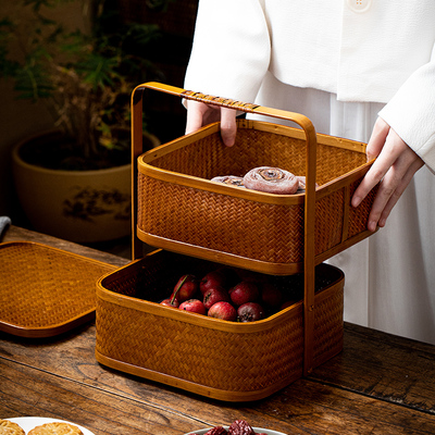 复古竹编食盒多层提篮茶具收纳盒手提仿古礼品分食盒带盖提盒家用