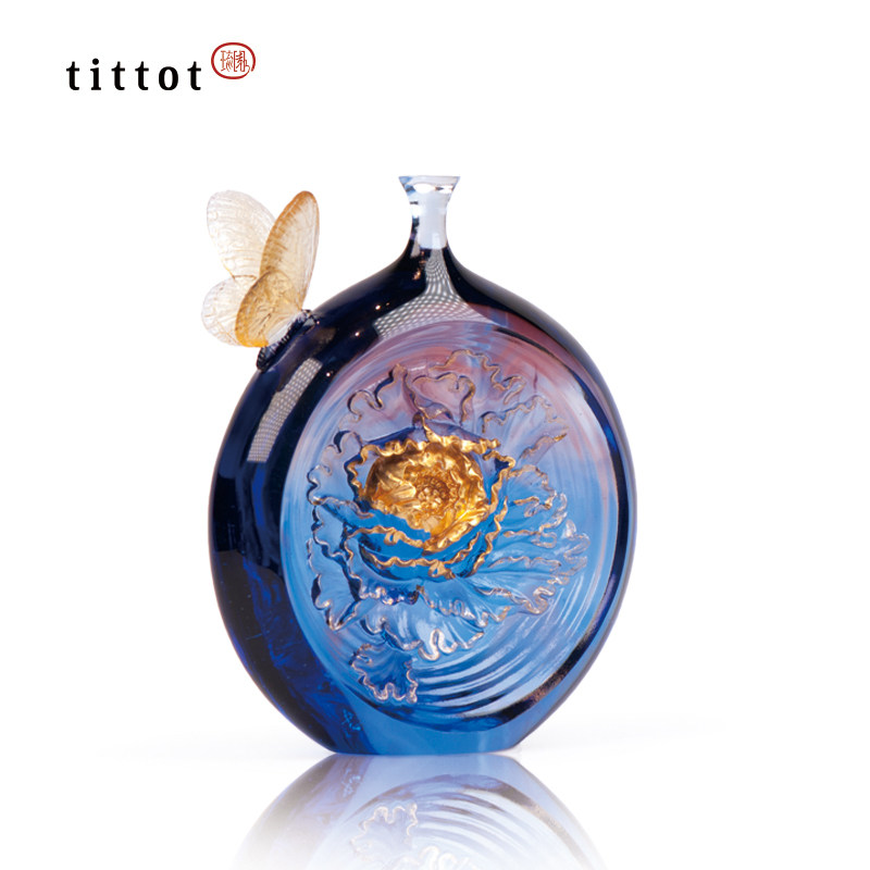 tittot琉园创意水晶琉璃牡丹花瓶客厅摆件轻奢 知心 结婚生日礼物