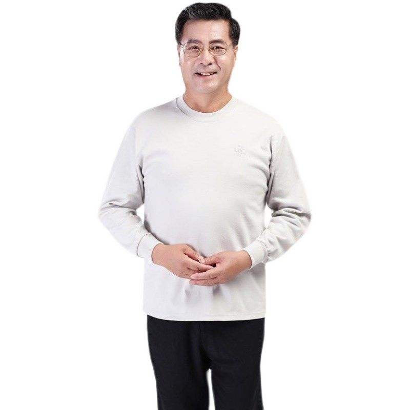 新来比两件装秋冬季中年长袖T恤宽松加厚纯棉汗衫中老年男装上衣