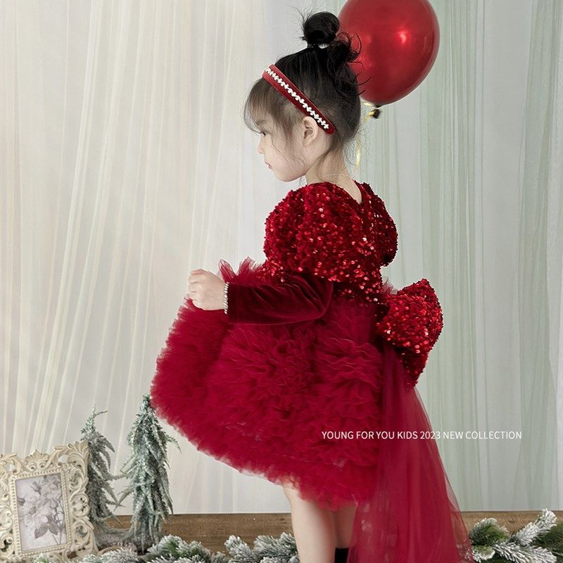 YFY冬季女童红色亮片裙高级礼服蝴蝶结花童气质喜庆新年圣诞节