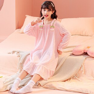 儿童睡裙女童春秋季云朵棉长袖女孩初中生公主风甜美连衣裙家居服