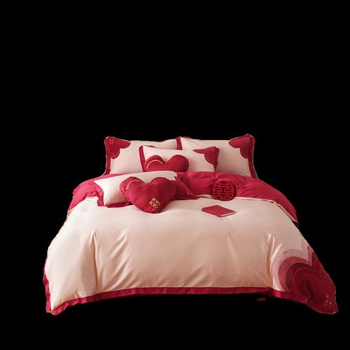 高档婚庆爱心全棉四件套结婚喜嫁风纯棉被套红色床单婚房简约床品