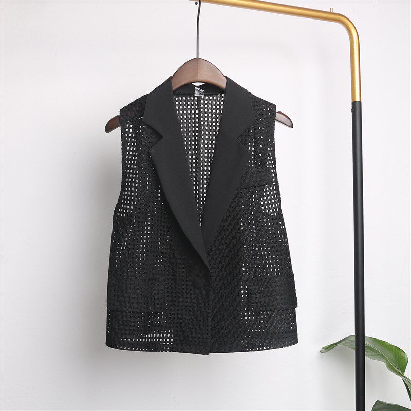 薄款马甲女夏季外穿短款上衣时尚西装背心马夹外搭开衫镂空小衫潮
