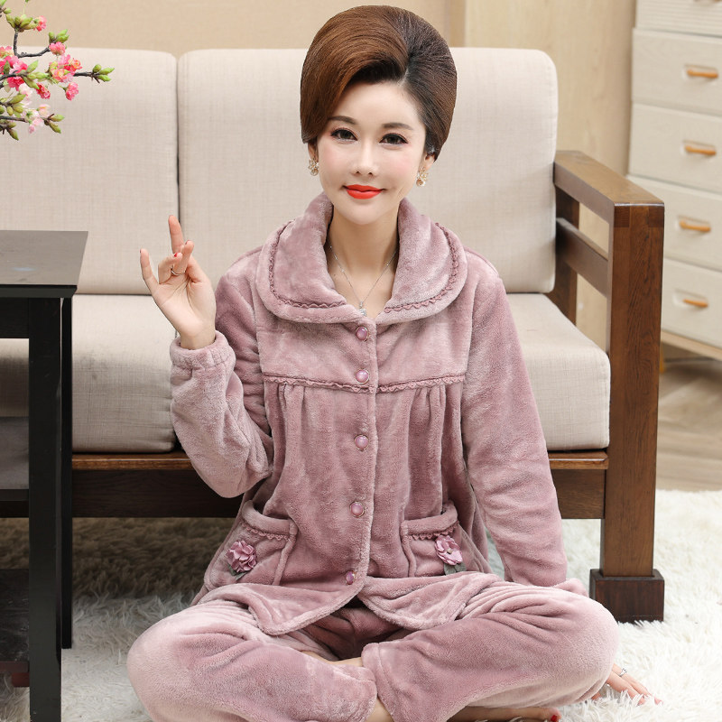 秋冬季珊瑚绒睡衣女冬加厚大码中老年妈妈装女士法兰绒家居服套装