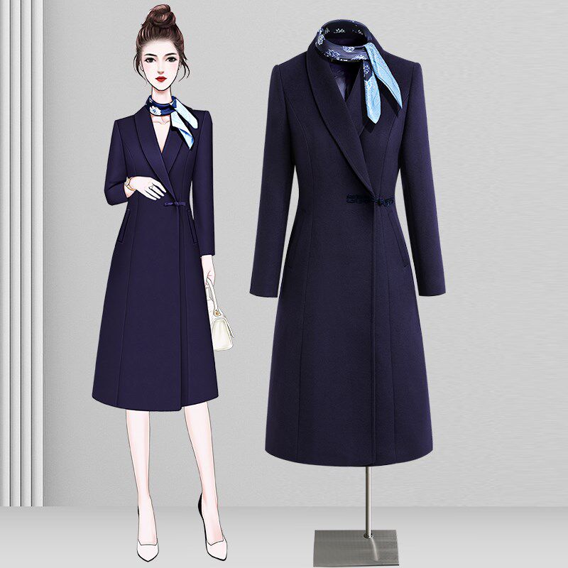 一粒盘扣职业毛呢外套女冬气质修身中长款呢子大衣工作服前台工装